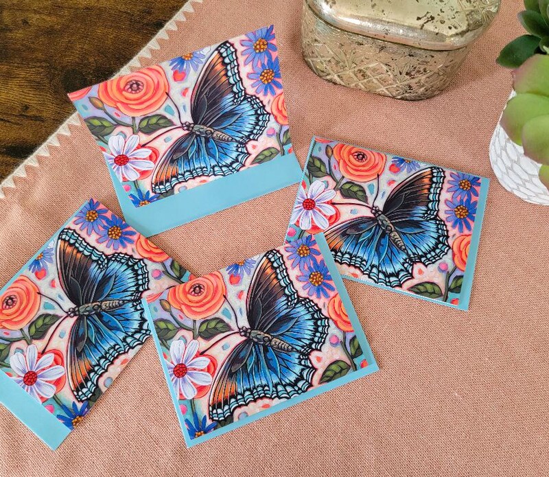 Set Of 4 A2 Taking Flight Royal Blue Butterfly Art Blank Note Cards with Matching Envelopes